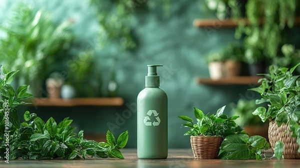 Fototapeta a green eco friendly shampoo detergent,soap bottle featuring a prominent recycling symbol indicating sustainable packaging designed for environmentally conscious household cleaning.create by F.a