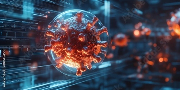 Fototapeta Intricate virus hologram within a luminous protective barrier, softly blurred medical interface enhancing the scientific atmosphere