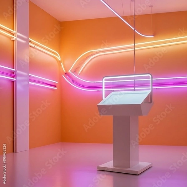 Fototapeta Empty product display podium Stand fresh room and Orange-Yellow background with neon Light