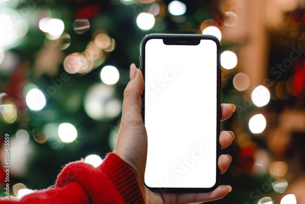 Fototapeta Close up black smartphone with blank screen in woman hand. Digital phone mock up. Christmas online shopping. Mobile phone with empty screen on background of Christmas tree lights. Tablet. Copy space