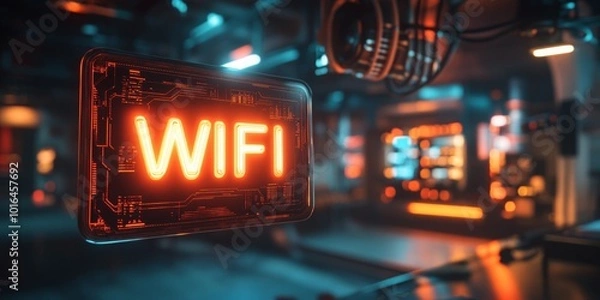 Fototapeta Futuristic WIFI Hologram, bold letters glowing in a tech hub background, creating a modern digital atmosphere, soft blur enhances focus