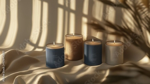 Fototapeta Four candles with textured surfaces on a draped cloth surface, reflecting warmth and tranquility.