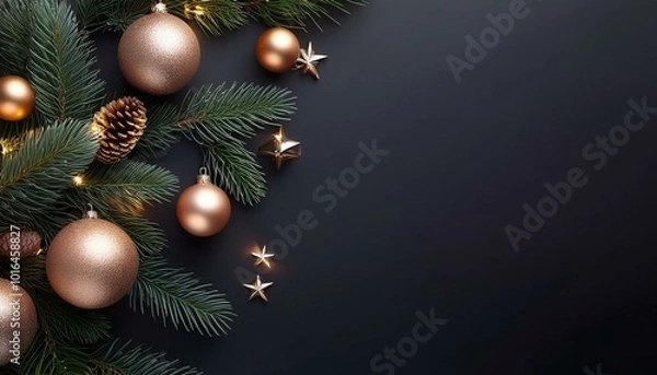Fototapeta Christmas elegant decorations with elegant and sophisticated lighting and balls. Pine branches, composition for premium marketing materials