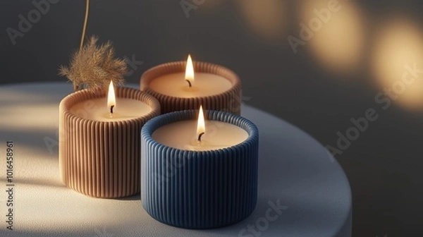 Fototapeta Ribbed candles casting gentle light, exuding elegance and warmth, set beautifully against a soft background.