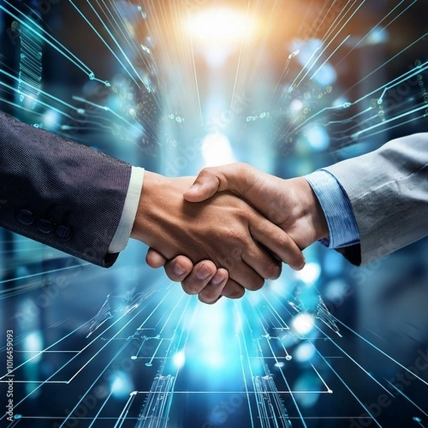 Fototapeta Close-up of business people shaking hands against technology background, leader, teamwork