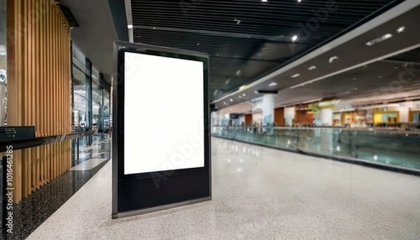 Fototapeta Digital media blank black and white screen modern panel signboard for advertisement design in shopping centre gallery, mock-up with blurred background, digital kiosk