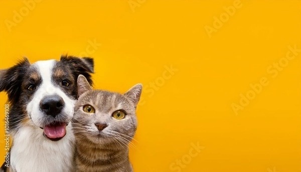 Fototapeta Vet banner with pets and copy space for text. Dog and cat smiling with happy expression and closed eyes. Isolated on yellow background