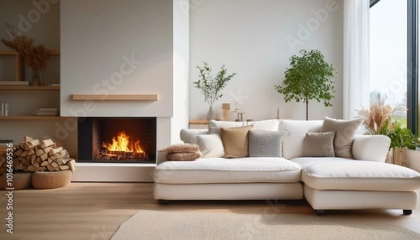 Fototapeta White corner sofa near fireplace. Scandinavian home interior design of modern living room