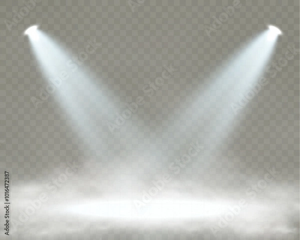 Fototapeta Spotlights of light with smoke.Scene in fog.Vector graphics.
