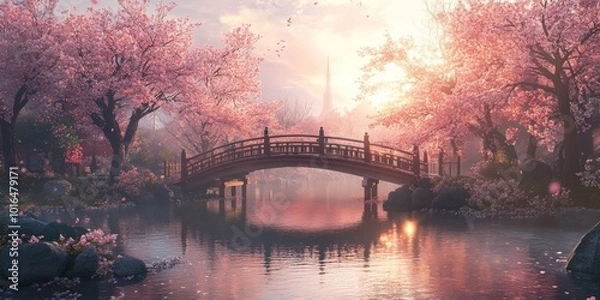 Obraz Cherry Blossom Serenity, tranquil Japanese bridge embraced by blooming cherry trees, gentle sunlight creating a peaceful atmosphere