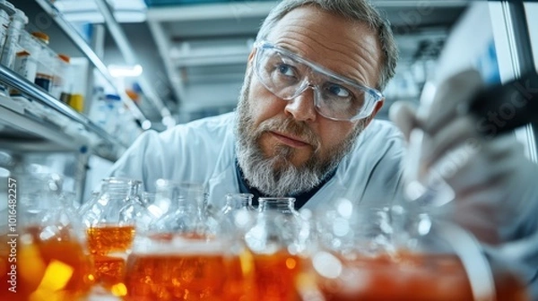 Fototapeta A male scientist focuses intently while working with liquid samples, illustrating the meticulous attention required in scientific testing and discovery processes.