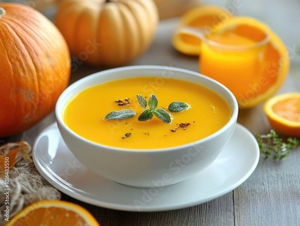 Fototapeta Pumpkin soup with orange juice in a white plate soft focus