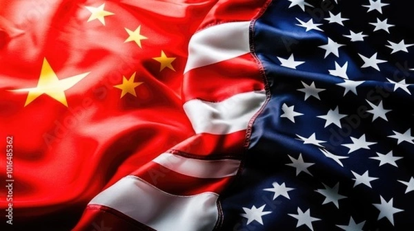 Obraz United States of America flag and China flag together. American and china flag close-up.