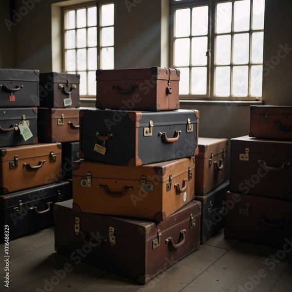 Fototapeta A room overflowing with aged suitcases old-fashioned clutter