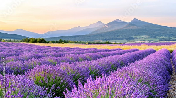 Fototapeta Lavender fields in full bloom under a pastel sunset, with rolling hills and mountains in the background