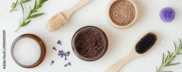Fototapeta A flatlay of natural exfoliating scrubs, featuring coffee grounds, sugar, and herbal extracts in a wellness-focused scene