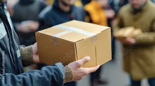Fototapeta volunteering and giving box in park of donation, community service or social responsibility. Happy guy, NGO worker and helping with package outdoor for charity, support or society outreach
