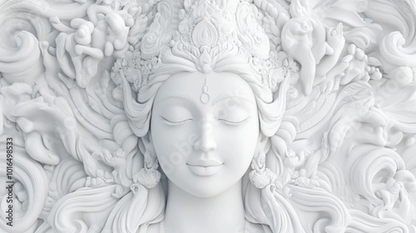Fototapeta Intricate close-up of Devi Durga embodying serenity with detailed sculptural elements and flowing hair