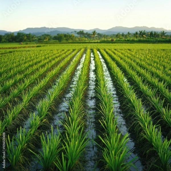 Fototapeta A panoramic view of a large rice paddy field, with rows of bright green plants reflecting the soft morning light under a clear sky