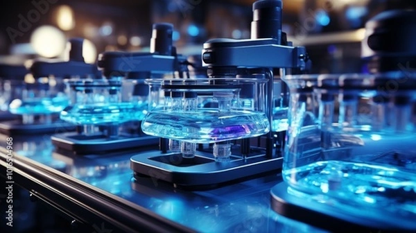 Fototapeta Science laboratory research and development concept. microscope with test tubes for testing.