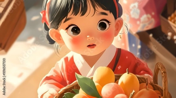 Fototapeta A close-up of a young child wearing a hanbok, holding a basket of freshly harvested fruits as part of the Chuseok celebration