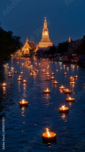 Fototapeta A river illuminated by thousands of floating krathongs, with the lights of a temple shining in the background during Loi Krathong