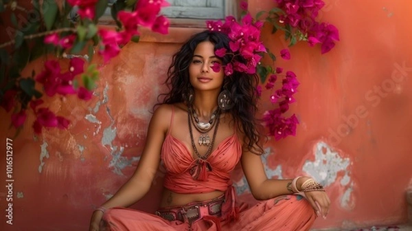 Fototapeta A Woman in an Orange Outfit Relaxes Amidst Vibrant Bougainvillea Flowers in a Sunny Setting