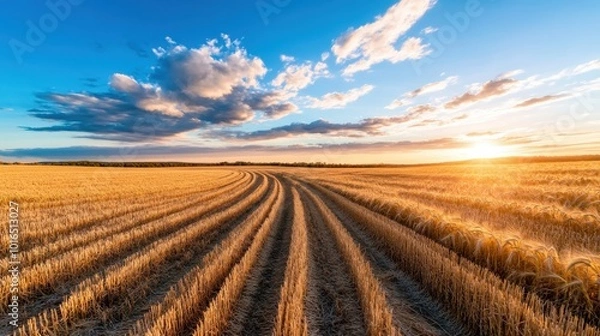 Fototapeta A stunning perspective of wheat fields at sunset with captivating clouds, emphasizing the rich textures and expansive farmland stretching to the horizon.