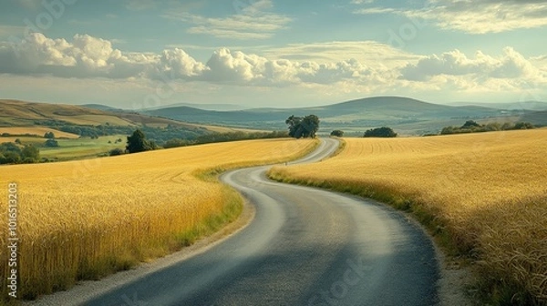 Fototapeta A rural road winding through golden barley fields, with distant hills under a bright summer sky.