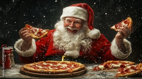 Obraz A happy Santa Claus eating pizza.