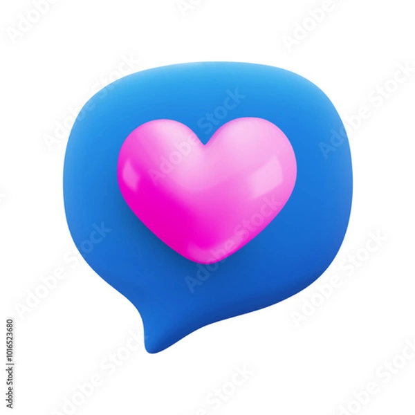 Fototapeta Vector cartoon minimal 3d blue speech bubble with glossy pink heart icon. Realistic render of love chat messaging, like button sign, favorites symbol, comment in social media, like counter concept.