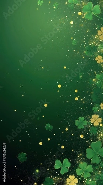 Fototapeta Bright green backdrop features scattered clovers and golden coins celebrating luck and prosperity