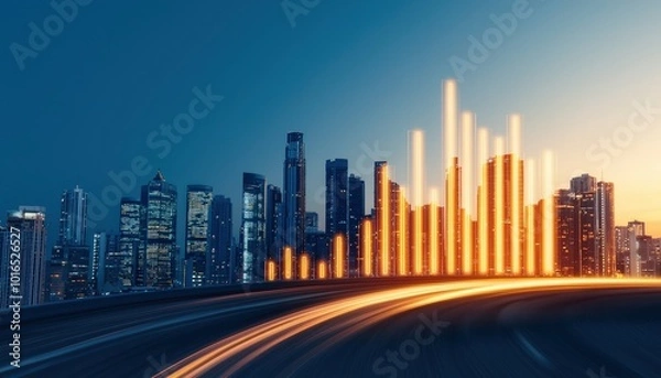 Fototapeta A vibrant city skyline at dusk, illuminated by glowing bars representing data, suggesting growth and innovation.