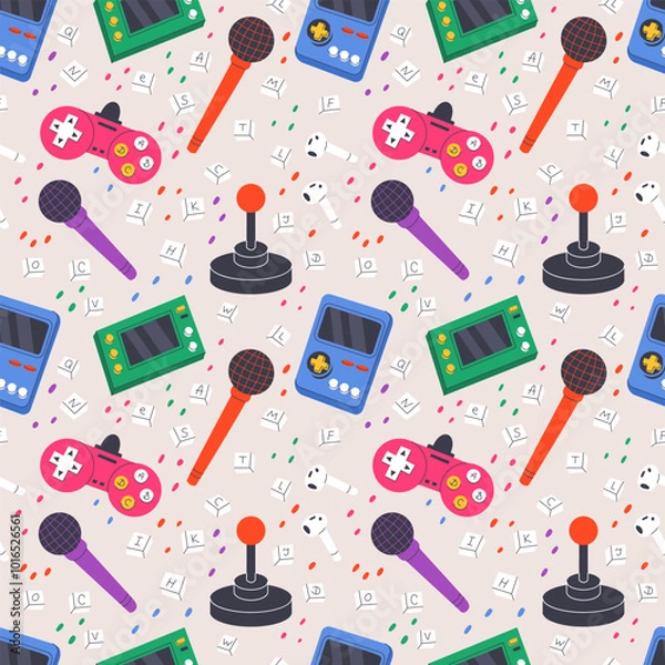 Fototapeta playful seamless pattern of gaming and media devices. Controllers, microphones and retro consoles. Modern VR goggles, and joysticks. Background with scattered keyboard keys and colorful details.