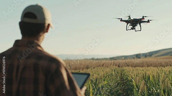Fototapeta A drone flying over a field to monitor crop health, while a farmer observes data on a table