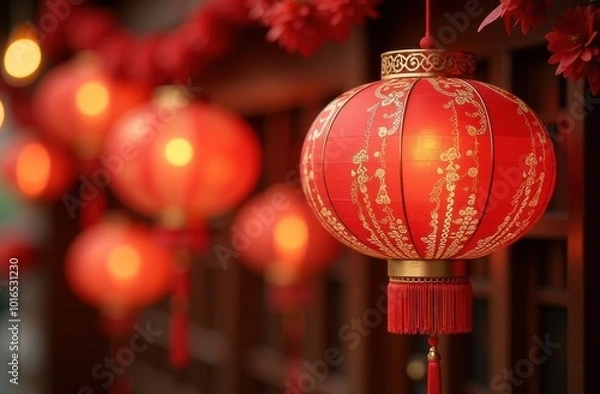 Fototapeta Chinese lantern ornament decorations for Mid Autumn Festival celebration of luck, health, happiness
and prosperity in Singapore. Generative AI tools