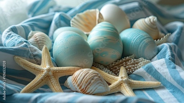 Fototapeta A nautical-themed Easter arrangement on a blue striped cloth, sea-blue and sand-coloured eggs are mixed with seashells and starfish