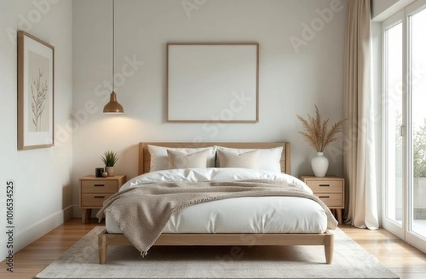 Fototapeta Cozy coastal style, furniture, comfortable bed, modern design background with stock footage of a
minimal bedroom interior. Generative AI tools