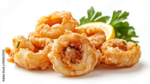 Fototapeta Crispy fried calamari rings with lemon and parsley on a white background