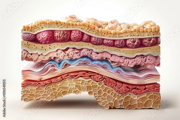 Obraz Cross-section of human skin showing layers, including epidermis, dermis, and subcutaneous fat.