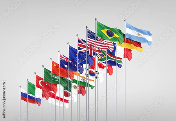 Fototapeta G20 Rio de Janeiro summit, November 2024, Brazil. Isolated on grey background. 3d Illustration.