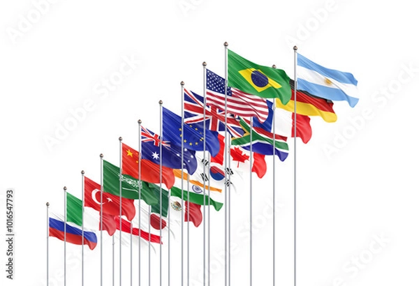 Fototapeta G20 Rio de Janeiro summit, November 2024, Brazil. Isolated on white background. 3d Illustration.