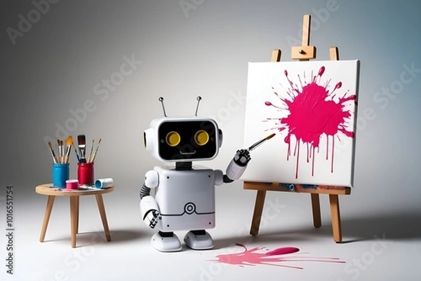 Fototapeta Cute robot painting on canvas. Future concept with smart robotics and artificial intelligence