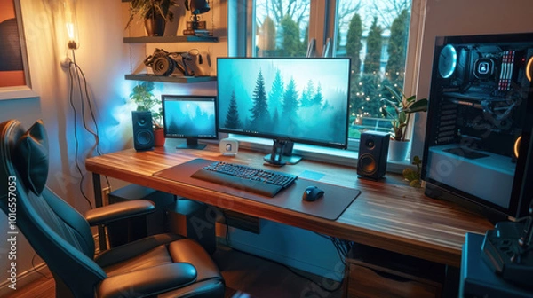 Fototapeta A remote workspace for a CEO featuring dual screens, an ergonomic chair, and a clean desk for managing high-level tasks and meetings.