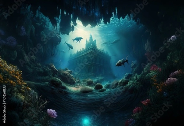 Fototapeta An underwater scene with a large building structure in the distance, surrounded by coral and fish.