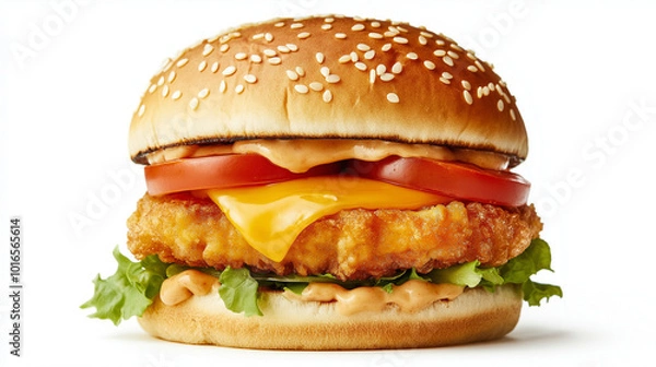 Fototapeta A juicy fish burger with fresh ingredients and a black sesame bun, placed on a clean white background