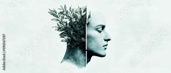 Fototapeta A surreal and artistic composition blending a human profile with natural elements. Generative AI
