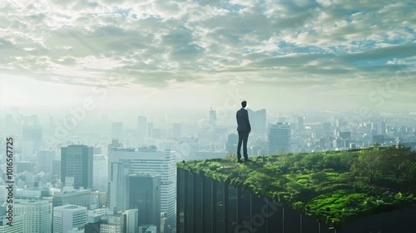 Fototapeta Businessman Overlooking Eco Friendly City Skyline from Skyscraper Rooftop