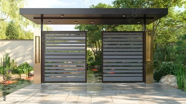 Fototapeta Modern gate with horizontal slate wooden slats, flat roof, brass elements, set against a backdrop of a serene koi pond garden Realistic rendering