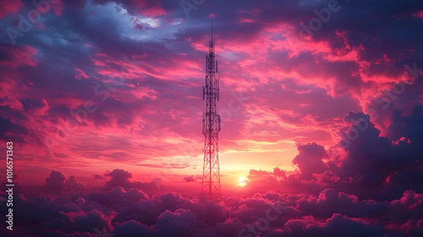 Fototapeta A striking photograph of an artistic mobile network tower against a vibrant sunset sky, showcasing the fusion of technology and nature. The tower’s unique design stands tall, symbolizing connectivity 